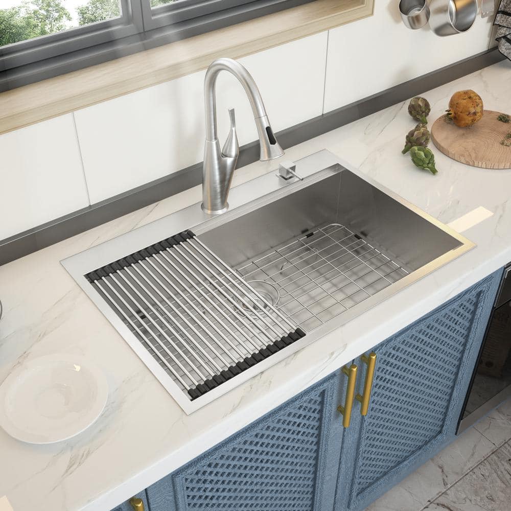 Brushed Nickel Stainless Steel 33 in. x 22 in. Single Bowl Undermount Kitchen Sink with Bottom Grid