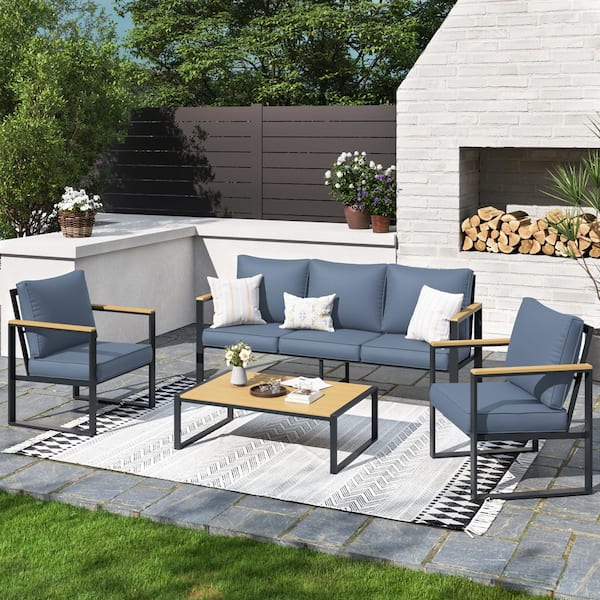 Cesicia Black 4-Piece Aluminium Patio Conversation Set with Blue Cushions and Coffee Table