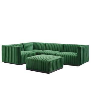 Conjure 78 in.W 5-Piece Channel Left Facing Tufted Performance Velvet Sectional Sofa in Black Emerald Green with Ottoman