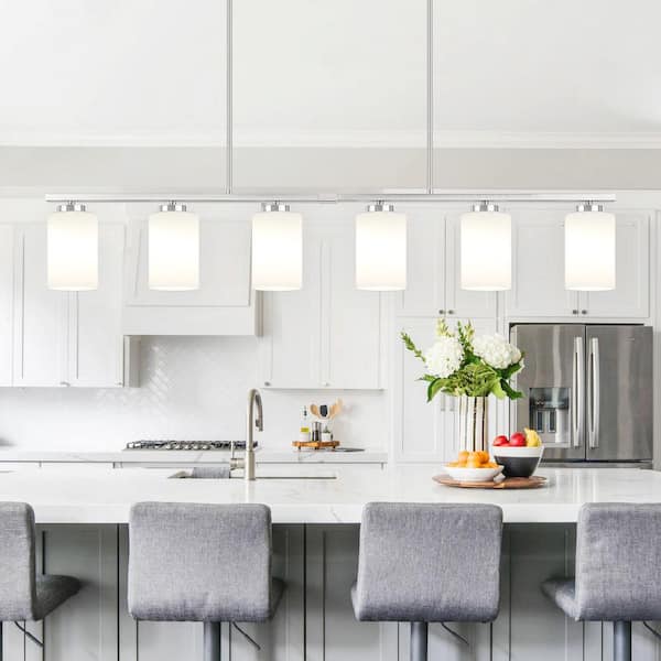 6-Light Modern Brushed Nickel Linear Island Pendant with White Frosted Glass Shade