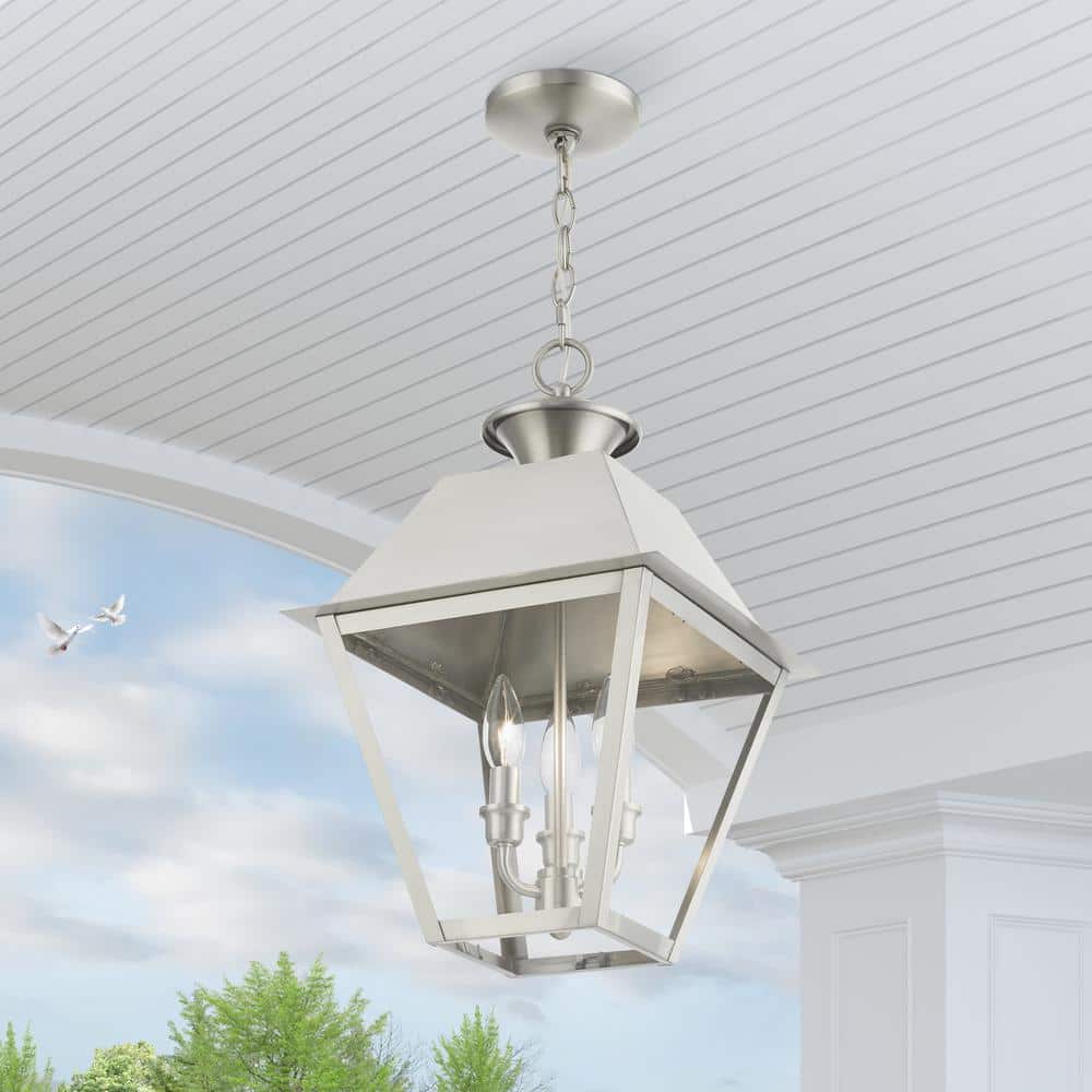 Elegant Brushed Nickel 3-Light Outdoor Pendant with Clear Glass