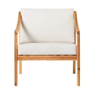 Natural Slat-Back Wood Modern Outdoor Lounge Chair with Bisque Cushions