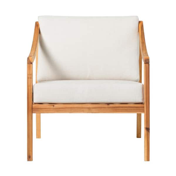 Welwick Designs Natural Slat-Back Wood Modern Outdoor Lounge Chair with Bisque Cushions