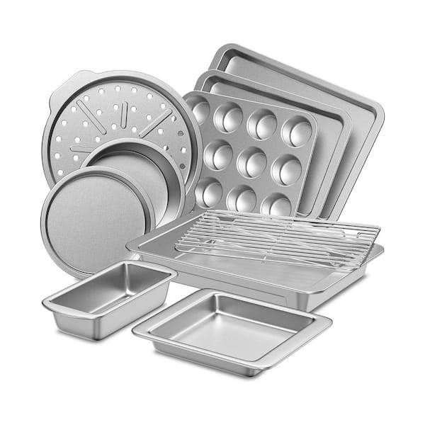 10-Piece Nonstick Silver Carbon Steel Baking Pan Set with Cooling Rack, Muffin, Loaf, Pizza, Cake Pans