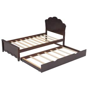 Brown Wood Frame Twin Size Platform Bed with Twin Size Trundle and Headboard