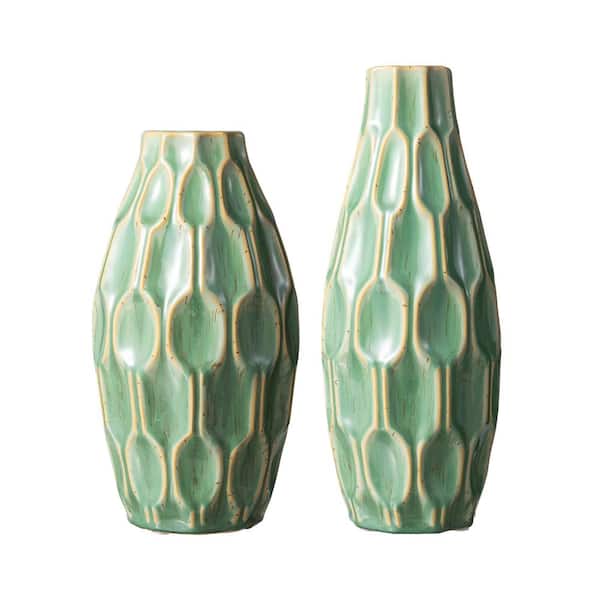 Glitzhome Modern Geometric Green Ceramic Table Vases (Set of 2)