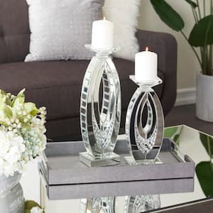 Silver Glass Pillar Candle Holder with Mirrored Accents and Crystals (Set of 2)
