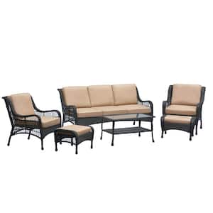 Menton 6-Piece Black Wicker Patio Conversation Set Outdoor Sectional Seating Group for 5-Person with Navy Blue Cushion