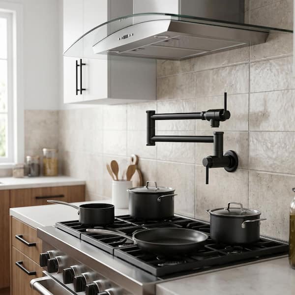 Wall Mounted Pot Filler 2-Handles Kitchen Faucet with 360° Spout Swivel in Matte Black