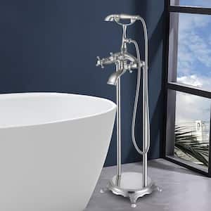 3-Handle Freestanding Floor Mount Faucet Claw Foot Tub Faucet with Hand Shower in Brushed Nickel