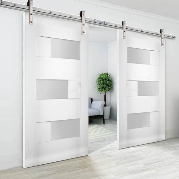 Assemble Required 64 in. x 96 in. Single Panel White Solid MDF Sliding Doors with Double Barn Stainless Hardware