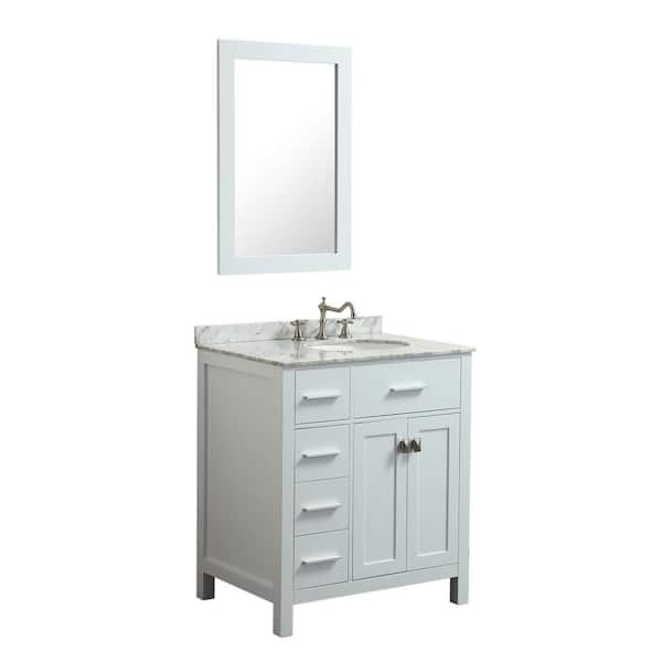 Bosconi Bosconi 30 in. W Single Bath Vanity in White with White Carrara Marble Vanity Top in White with White Basin and Mirror