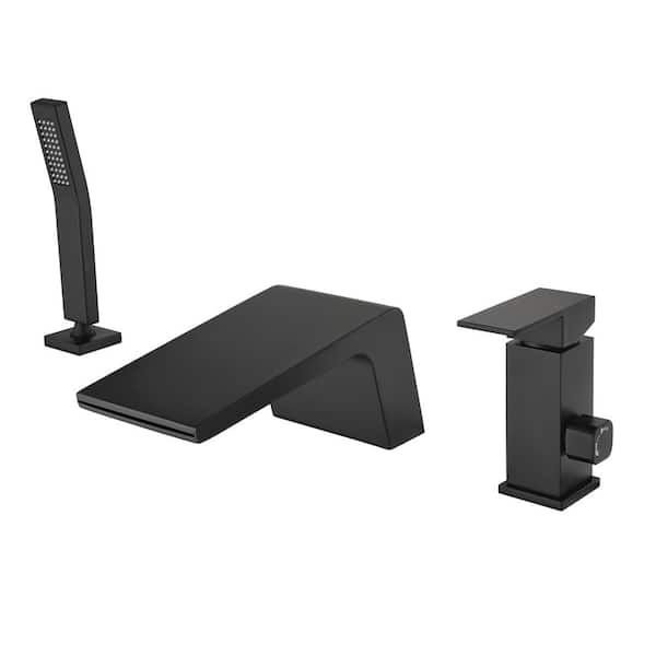 Unbranded Single-Handle Deck-Mount Roman Tub Faucet with waterfall and Hand Shower in Matte Black