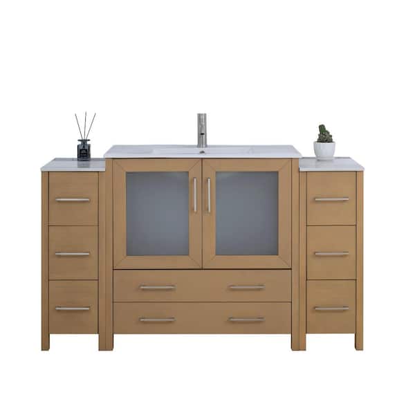 60 in. W x 18 in. D x 36 in. H Natural Oak Bath Vanity with White Ceramic Top and Mirror
