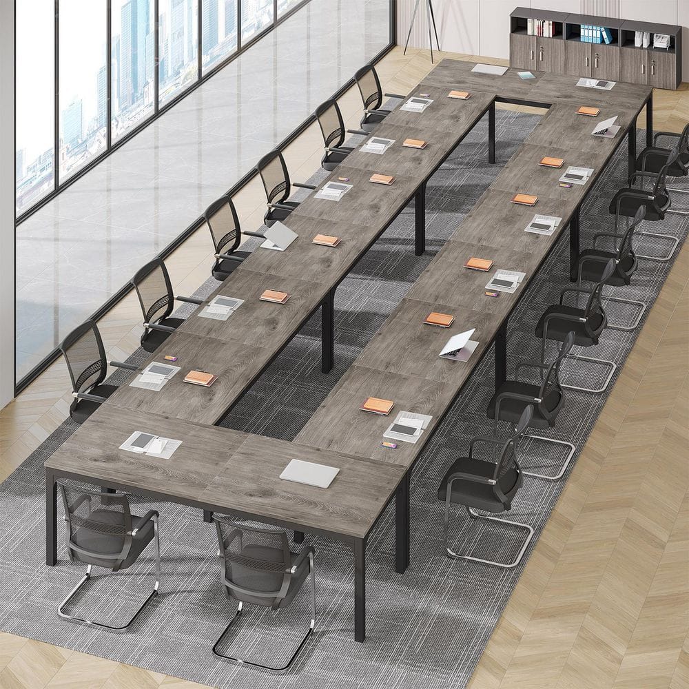 Moroni 78.7 in. Gray & Black Wood Computer Desk, Rectangular Conference Table Seminar Table for 6-8 People, 8PCS