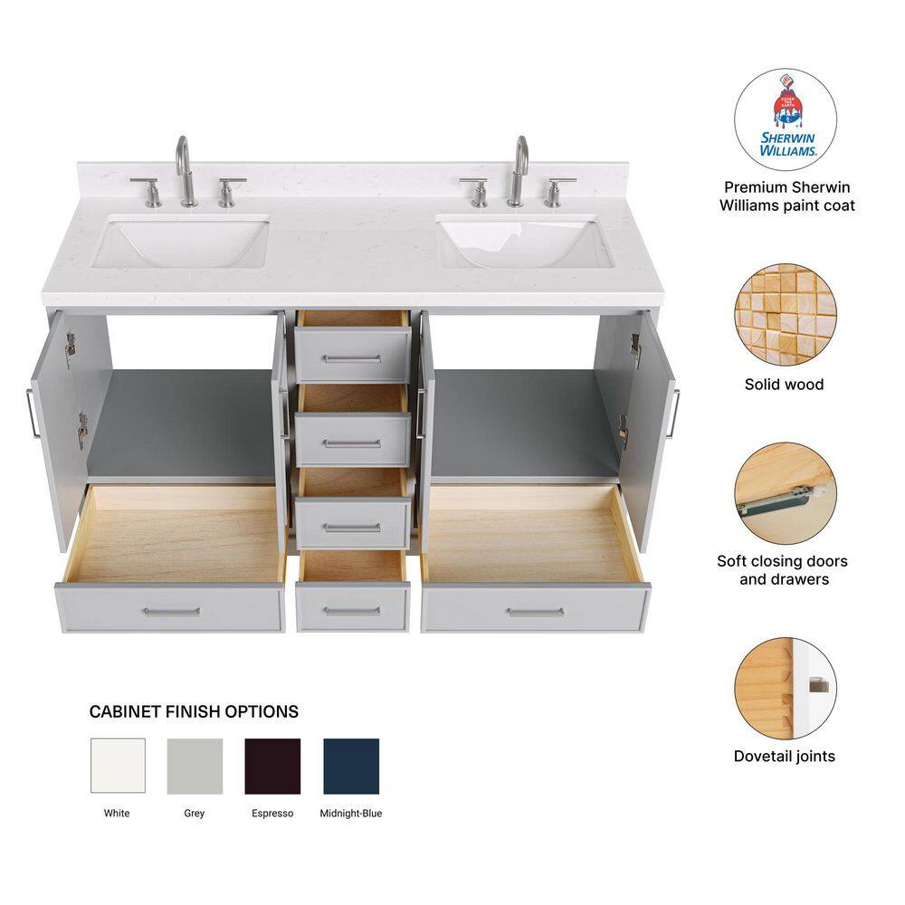 Stafford 60" Gray Double Sink Freestanding Vanity with Carrara Quartz Top