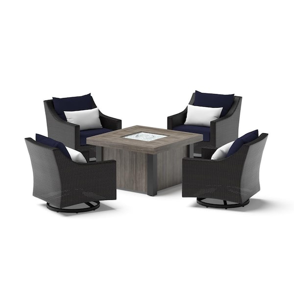RST BRANDS Deco 5-Piece Wicker Motion Patio Fire Pit Conversation Set with Sunbrella Navy Blue Cushions
