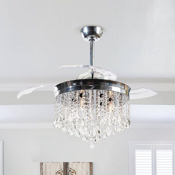 Mateo 42 in. Indoor Downrod Mount Retractable Chrome Ceiling Fan Chandelier with Light Kit and Remote Control