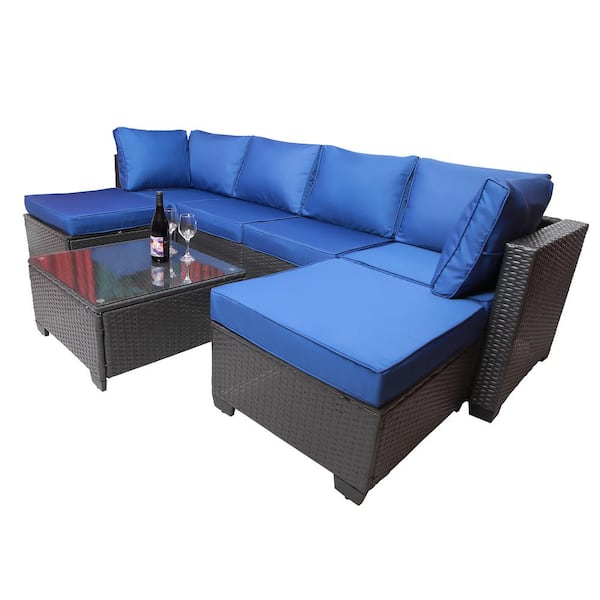grossag 7-Piece Black Wicker Outdoor Sectional Conversation Sofa Set with Navy Blue Removable Cushions and Coffee Table