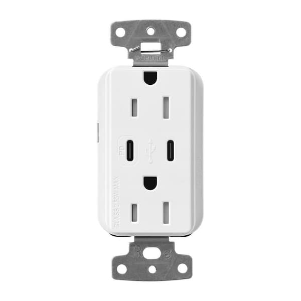 Claro 15 Amp Tamper Resistant USB Type C Duplex Receptacle, Decorator Style Outlet, Gloss Finish, CAR-15-CCTR-WH, White