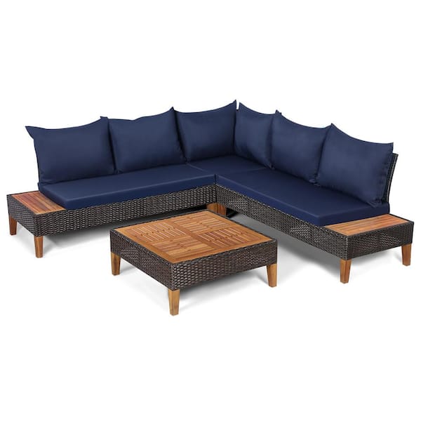 Costway 4-Pieces Wicker Patio Conversation Set Loveseat Wooden Side Table with Navy Cushions