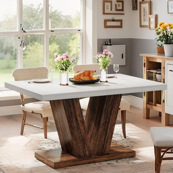 Rustic Farmhouse White & Brown Wood 47 in. Pedestal Dining Table Seating 2-4, Small Apartment