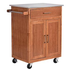 Natural Wood Kitchen Trolley Cart Island Stainless Steel Top Rolling Storage Cabinet Island New