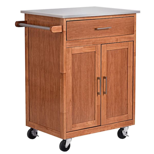 Costway Natural Wood Kitchen Trolley Cart Island Stainless Steel Top Rolling Storage Cabinet Island New