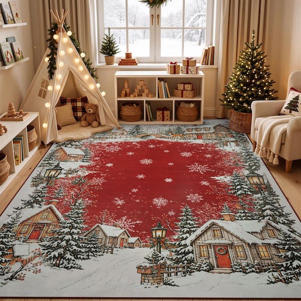 Snowy Village 5 ft. x 7 ft. Red Christmas Washable Area Rug