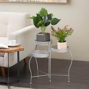 20 in. Silver Metal Curved Folding 3-Tier Plantstand with Floral and Scroll Patterns