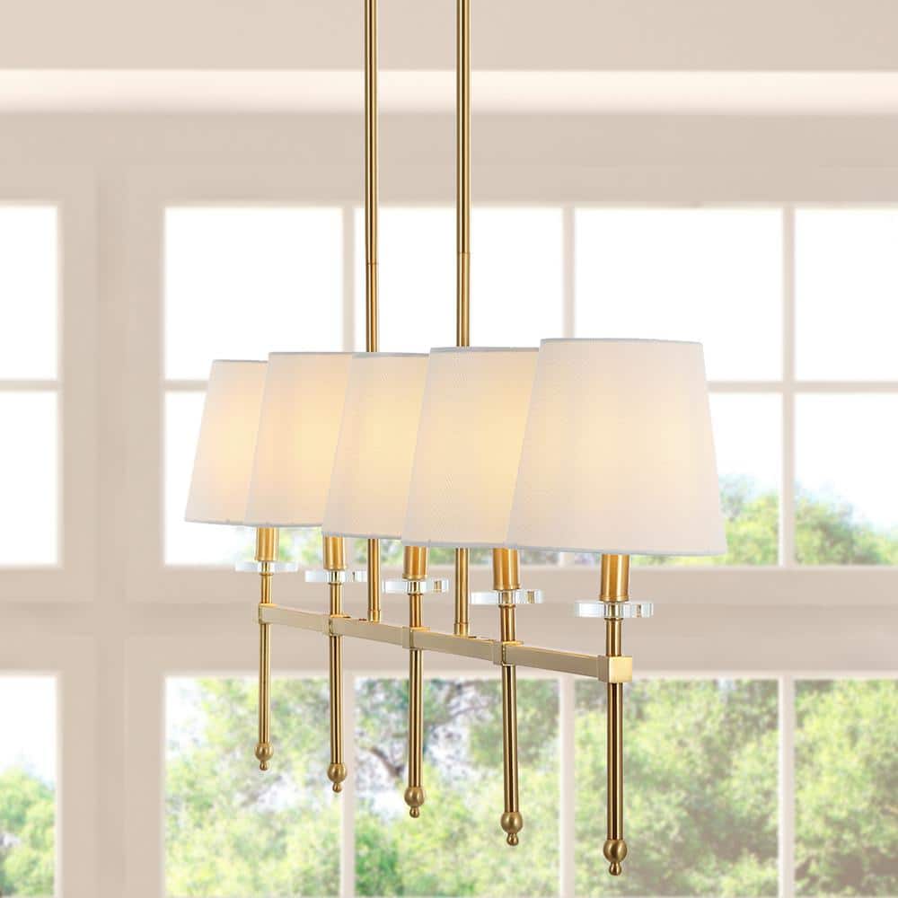 Sophie Classic 38.5" Brass Gold Linear LED Pendant with Ivory Linen Shades
