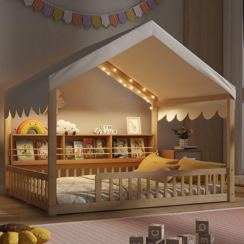 Natural and Beige Full Floor Platform Bed with Canopy Roof, Fence Guardrails, 3-Storage Bookshelves, LED Light, Slats price history on PriceWatchPro