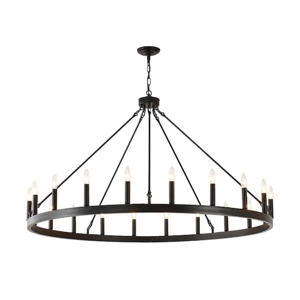 20 Lights Large Black Wagon Wheel Chandelier, 53in Farmhouse Country Round Pendant Light Fixture for high Ceiling