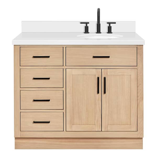 Hepburn 42 in. Single Sink Freestanding Bathroom Vanity in Oak with Pure White Quartz Top