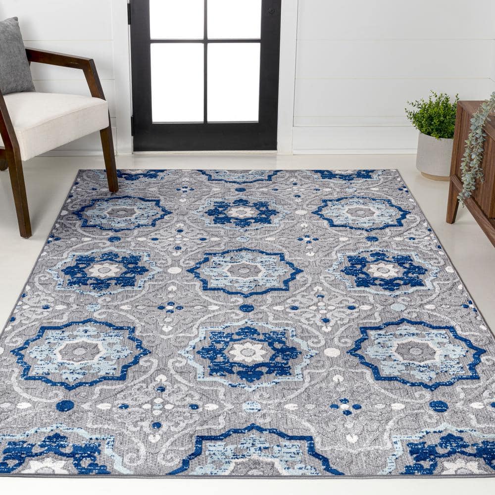 Blue and Gray Synthetic Medallion Reversible Area Rug