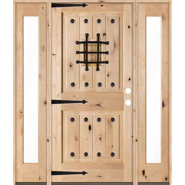 Krosswood Doors 60 in. x 80 in. Mediterranean Alder Sq-Top Clear Low-E Unfinished Wood Left-Hand Prehung Front Door with Full Sidelites