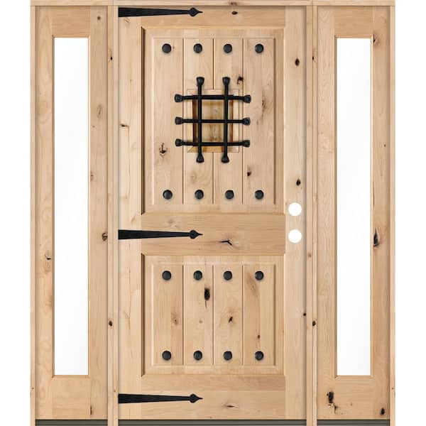 Krosswood Doors 70 in. x 80 in. Mediterranean Knotty Alder Sq-Top Unfinished Left-Hand Inswing Prehung Front Door with Full Sidelites