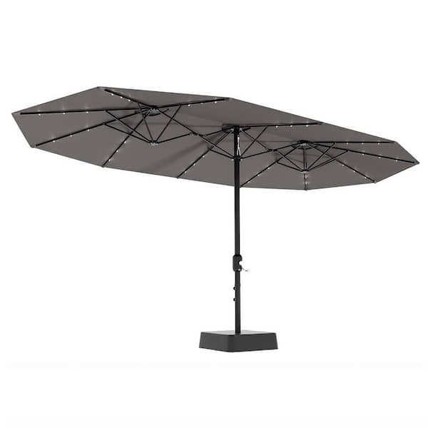 15 ft. Rectangular Solar LED Lighted Double-Sided Market Patio Umbrella with Crank Lift and Base in Gray
