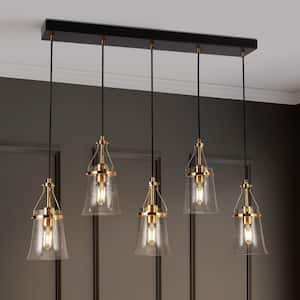 Modern 5-Light Black and Brass Linear Chandelier for Dining Room with Bell Seeded Glass Shades and No Bulb Included