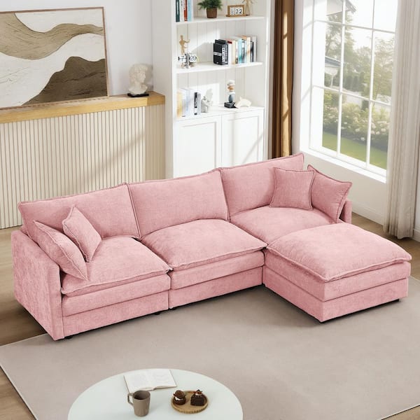 Shawn Modern 102 in. Upholstered Chenille L-Shaped Modular Sectional Sofa in Pink with Ottoman, Pillows, DIY