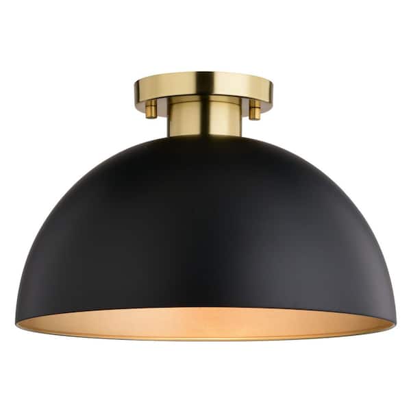 Devon 12.75 in. W Matte Black and Gold Satin Brass LED Compatible Mid-Century Modern Semi Flush Mount Ceiling Light