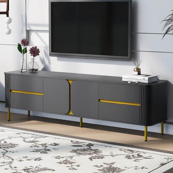 Harper & Bright Designs Black TV Stand Fits TVs up to 80 in. with 4 Storage Drawer, 1 Cabinet, Gold Metal Legs, Cable Holes