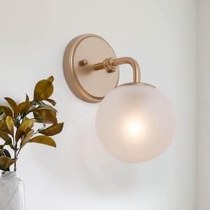 Modern Globe Gold Wall Sconce Lighting, 1-Light Bathroom Vanity Light with White Frosted White Shade