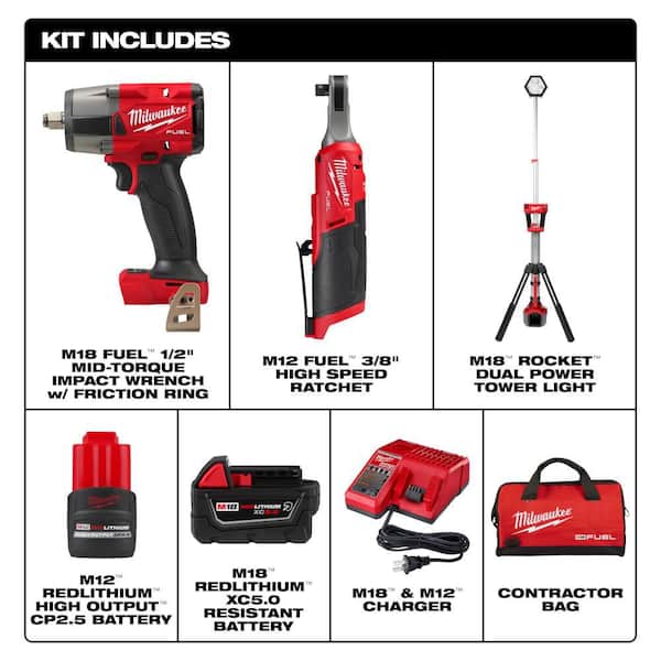 M18 FUEL 18V Cordless Mid Torque 1/2 in. Impact Wrench w/ M12 FUEL 3/8 in. Ratchet Combo Kit w/ M18 Tower Light