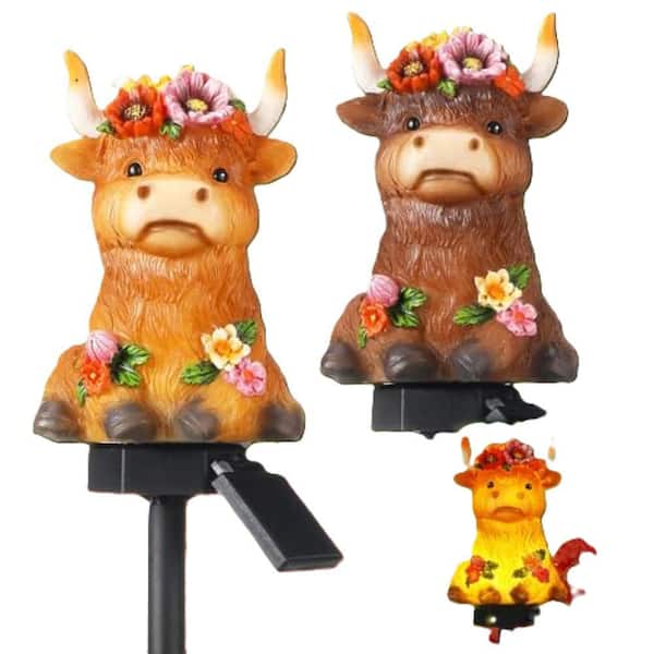Phewnyzo 7.87 in. x 6.49 in. x 4. 01 in. 2 Pack Highland Cow Solar Lights with stakes 14.5 in.