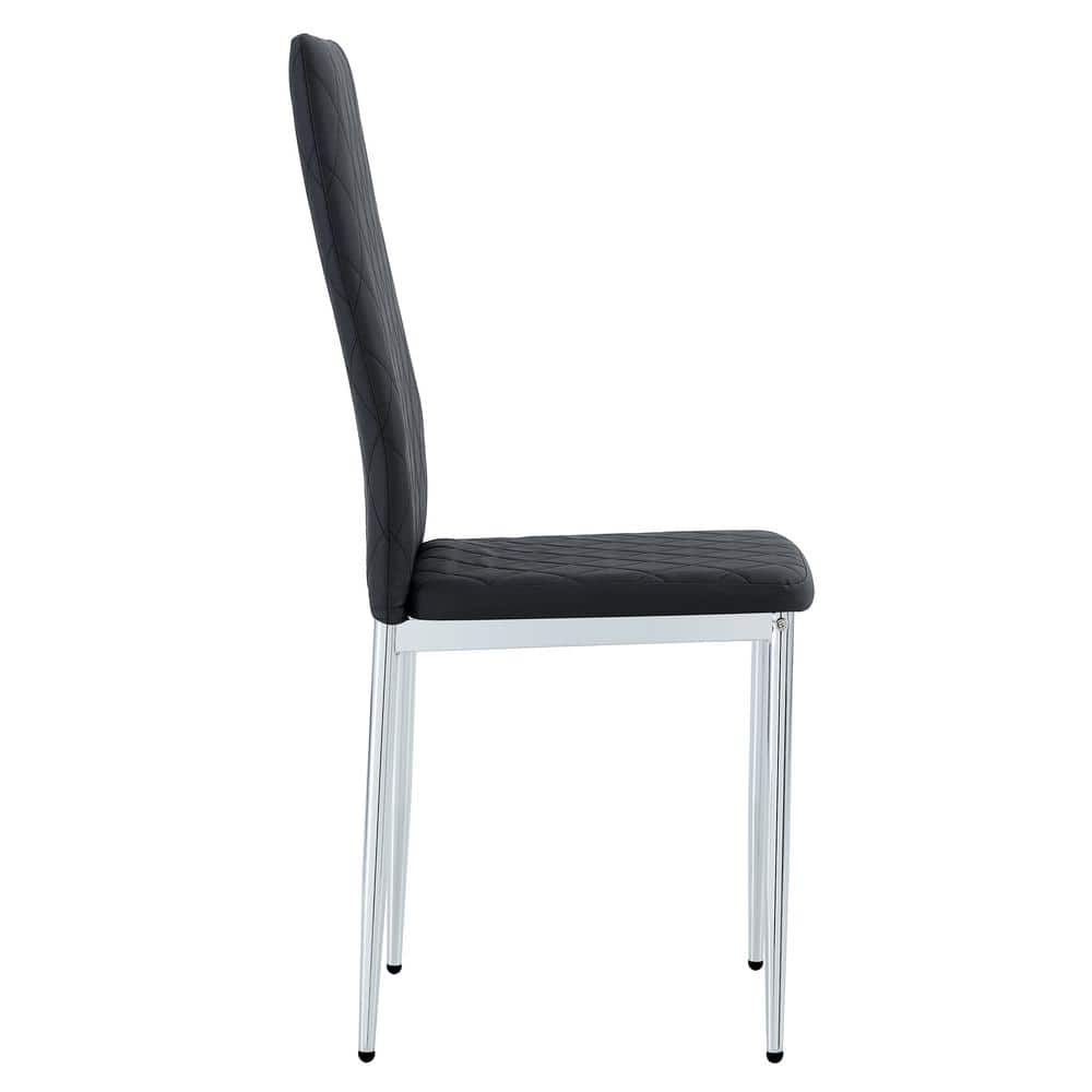 Side profile of a black PU leather dining chair with chrome legs.