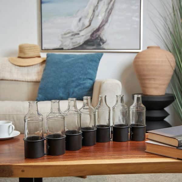 Litton Lane 8 in. Black Adjustable Bottle Metal Decorative Vase with Clear Glass Bottles