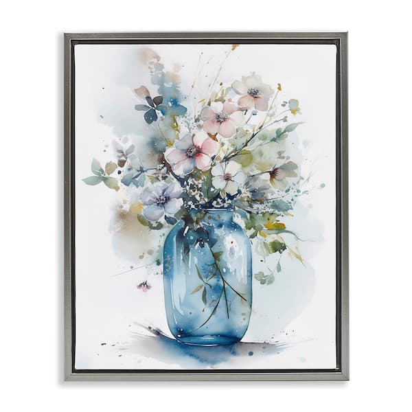 Cherry Blossoms Country Jar by Incado Gray Floater Frame Nature Graphic Art Print 31 in. x 25 in.