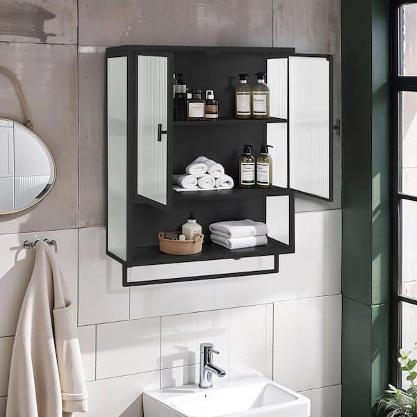23.62 in. W x 30.71 in. H Rectangular Black Surface Mount Bathroom Medicine Cabinet without Mirror with Towel Rack