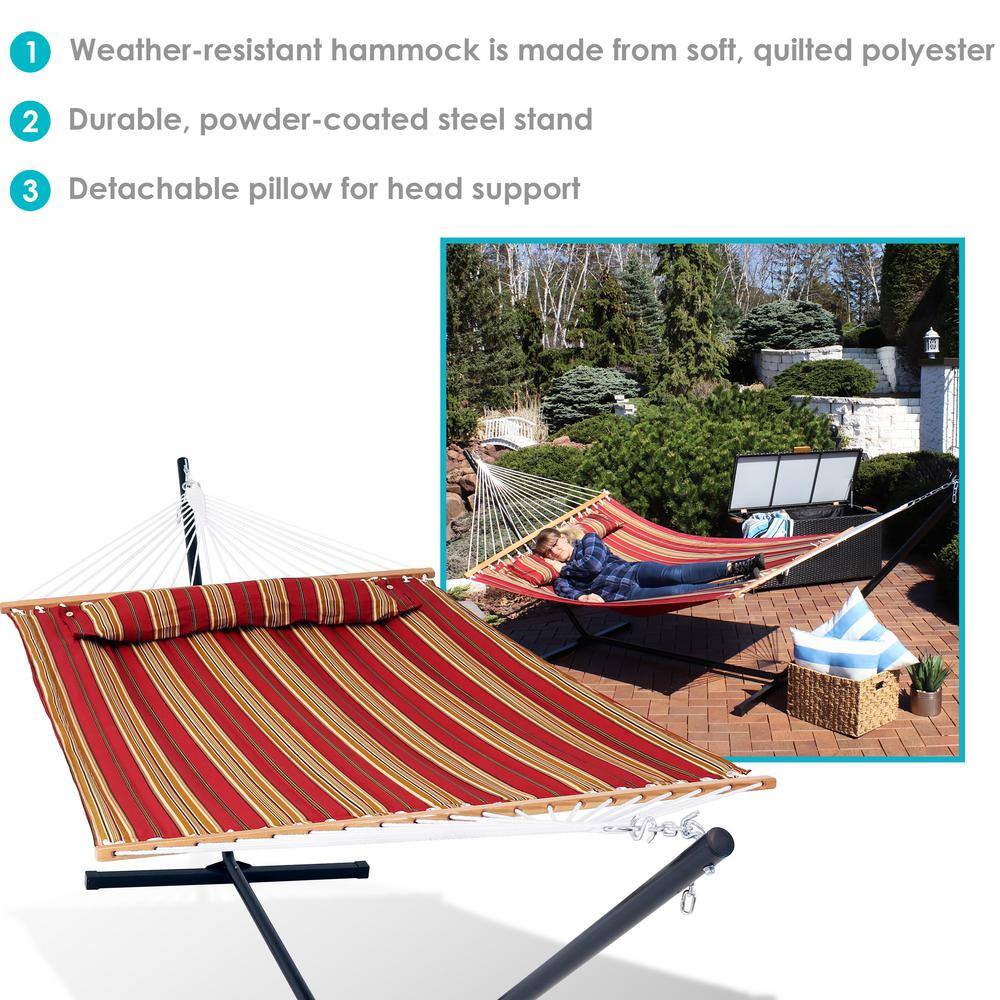 Red and Brown Quilted Fabric 2-Person Hammock with Steel Stand